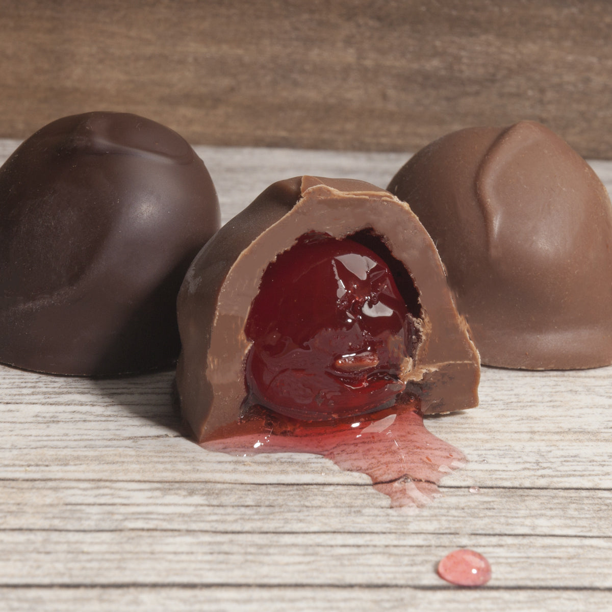 Close up of Cordial Cherry Chocolate with Cherry and Liquid filling