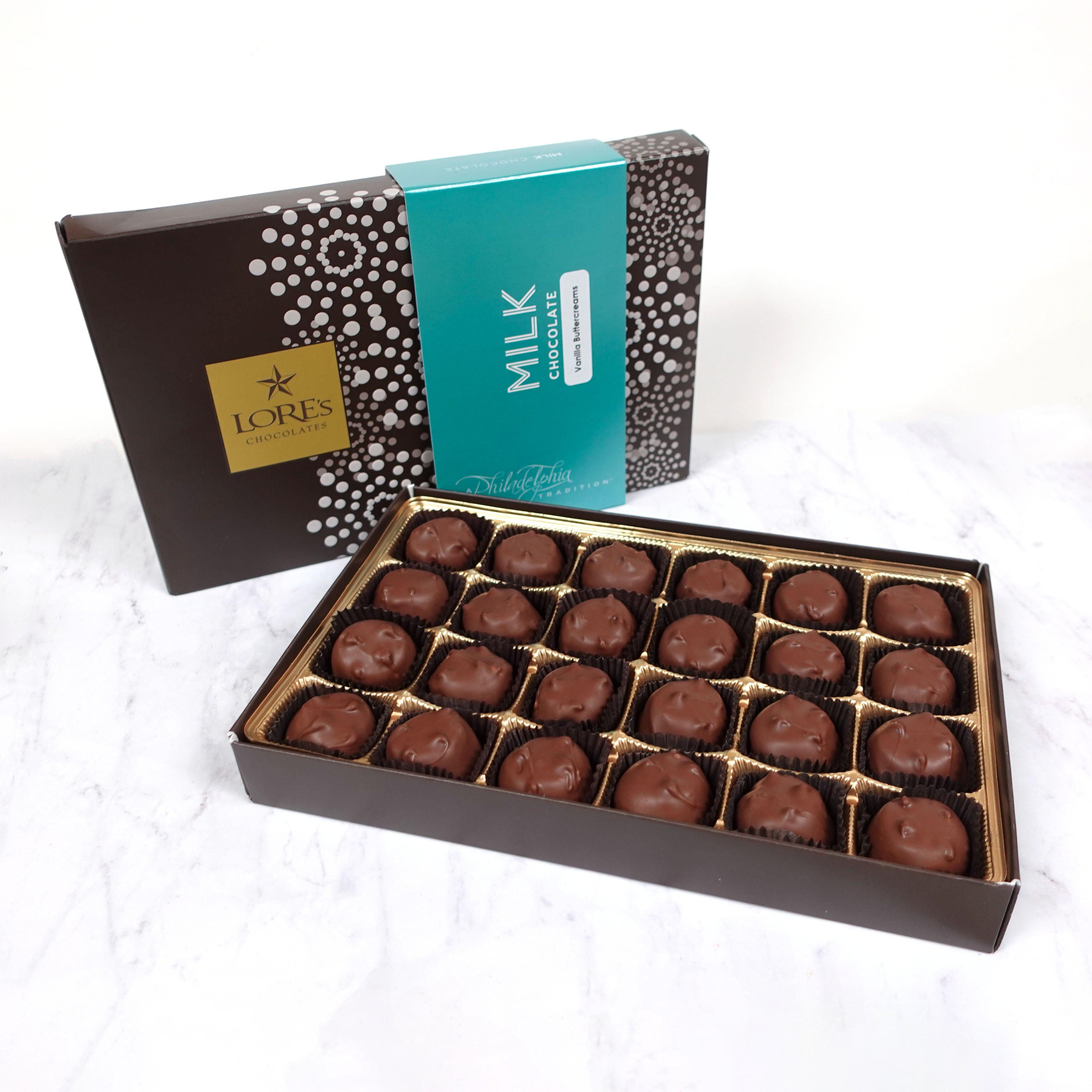 Box of vanilla butter cream milk chocolates from Lore's Chocolates in Philadelphia