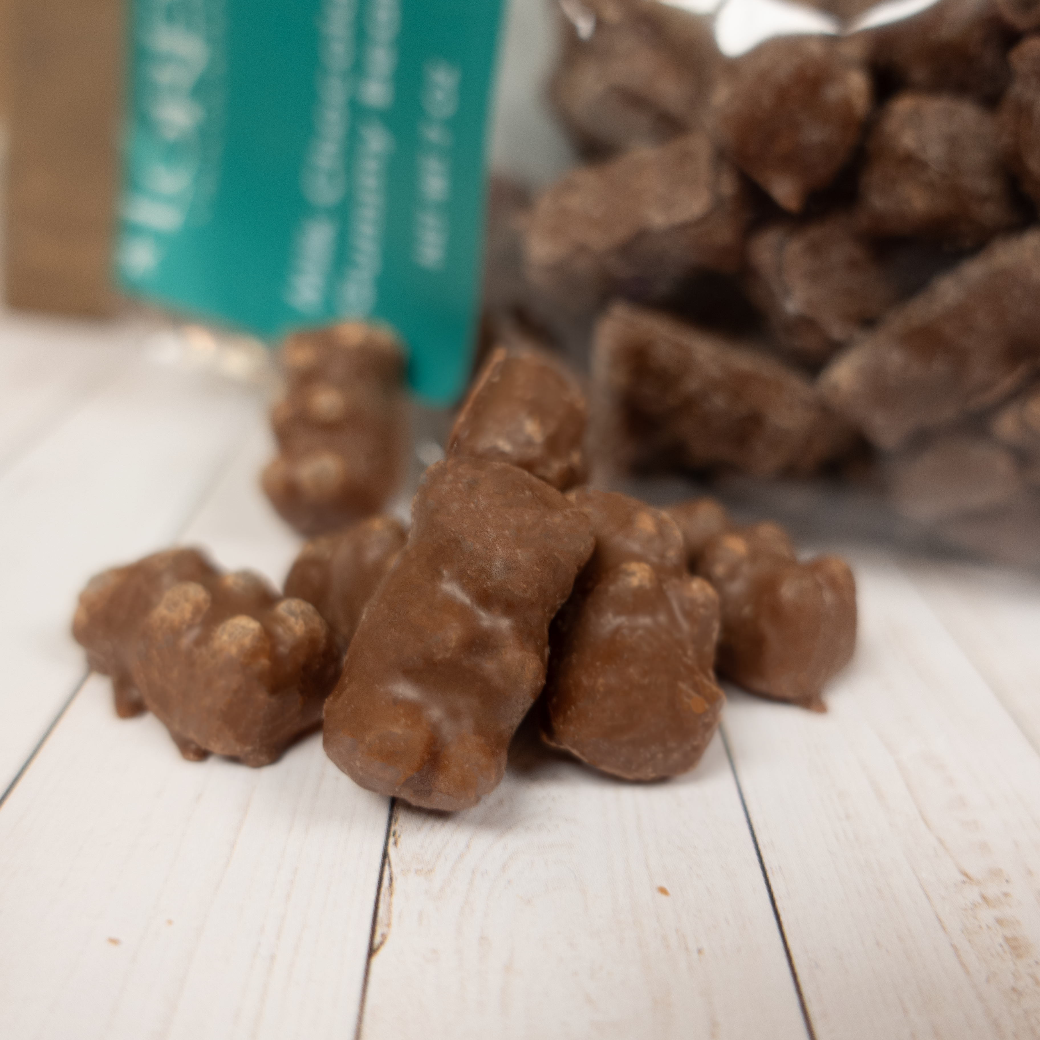 Close up of milk chocolate covered gummy bears, sold at Lore's Chocolates in Philadelphia