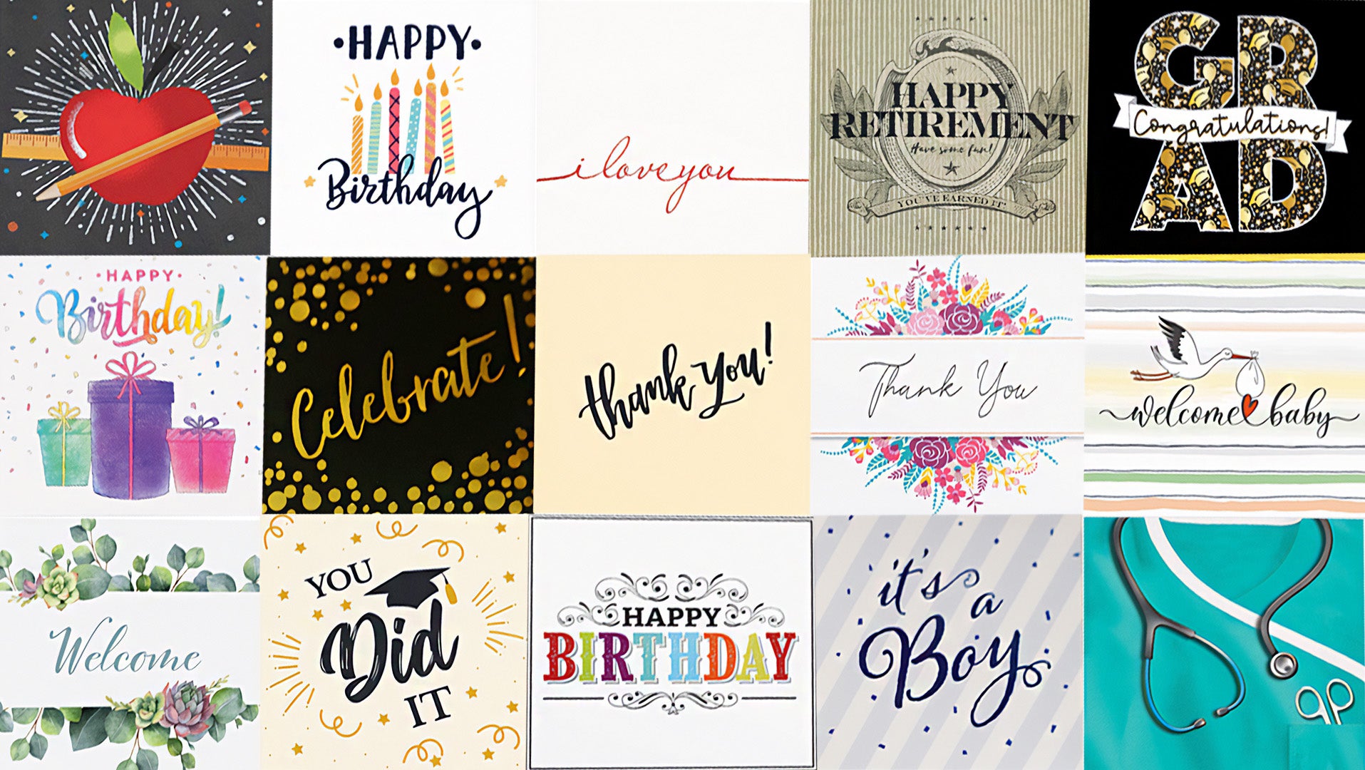 A collection of gift boxes with various designs, including birthday cakes, flowers, and text messages such as 'Happy Birthday' and 'Thank You'.