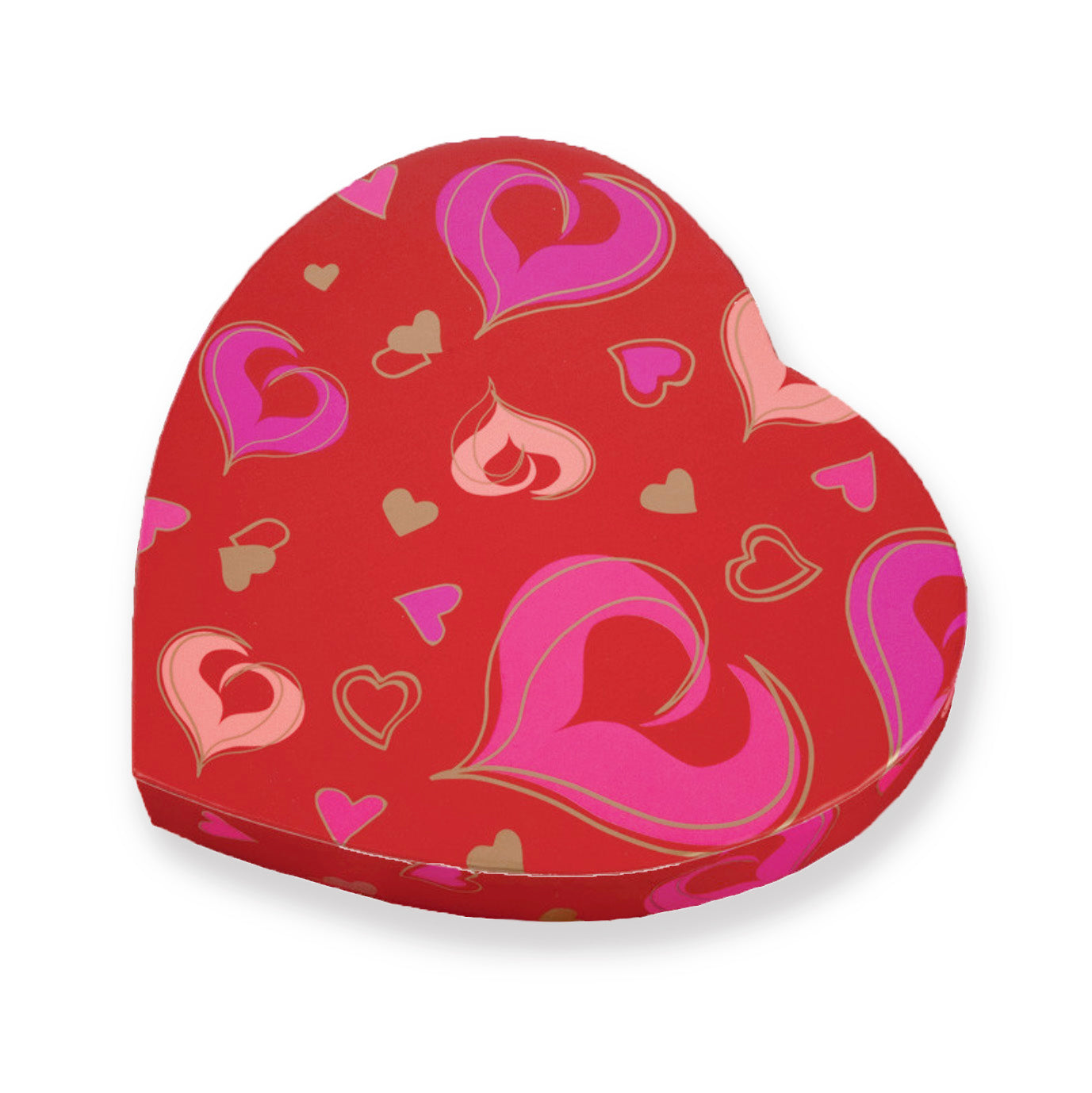 Heart-shaped gift box with pink and purple heart pattern on a white background