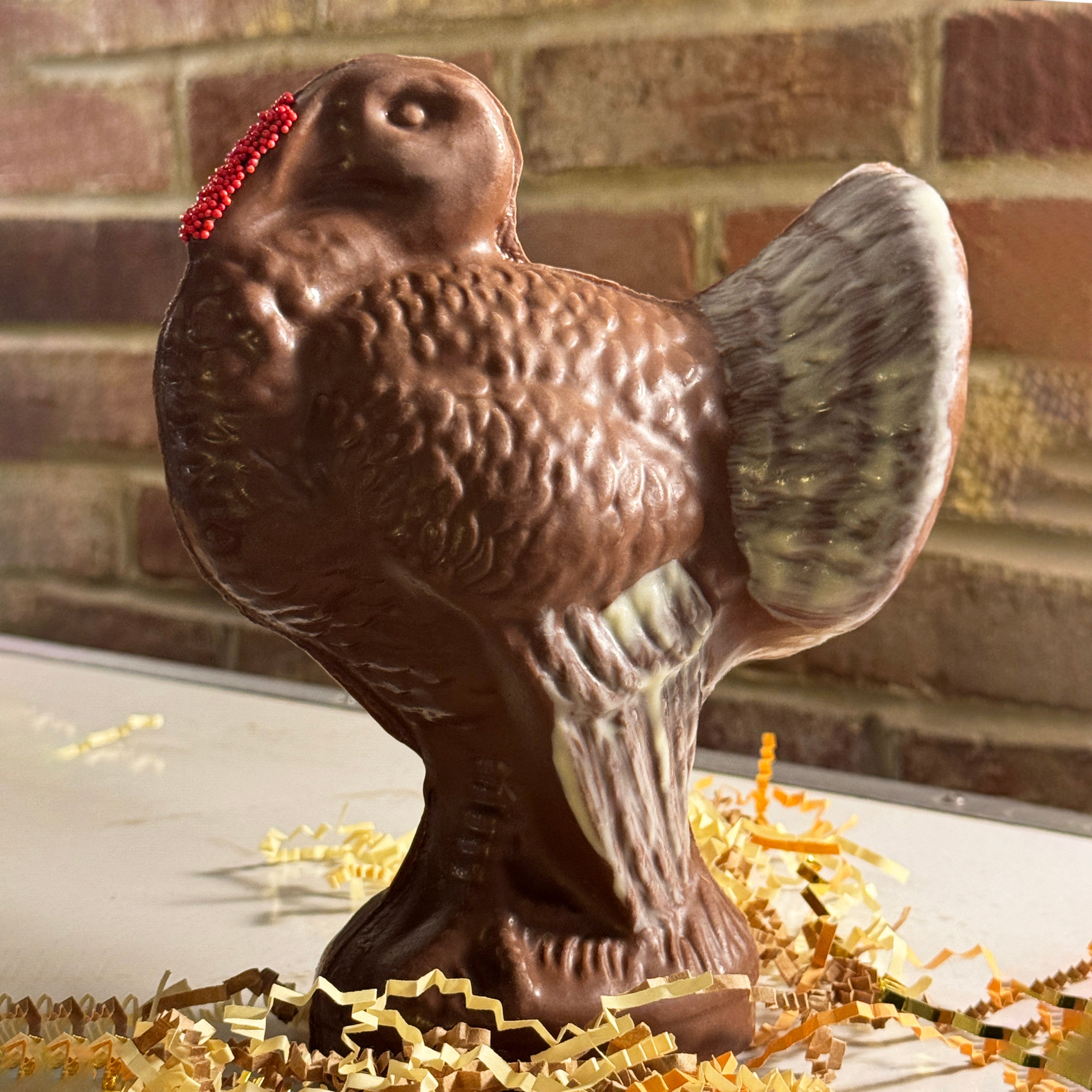 A chocolate mold in the shape of a turkey, with a semi-solid texture