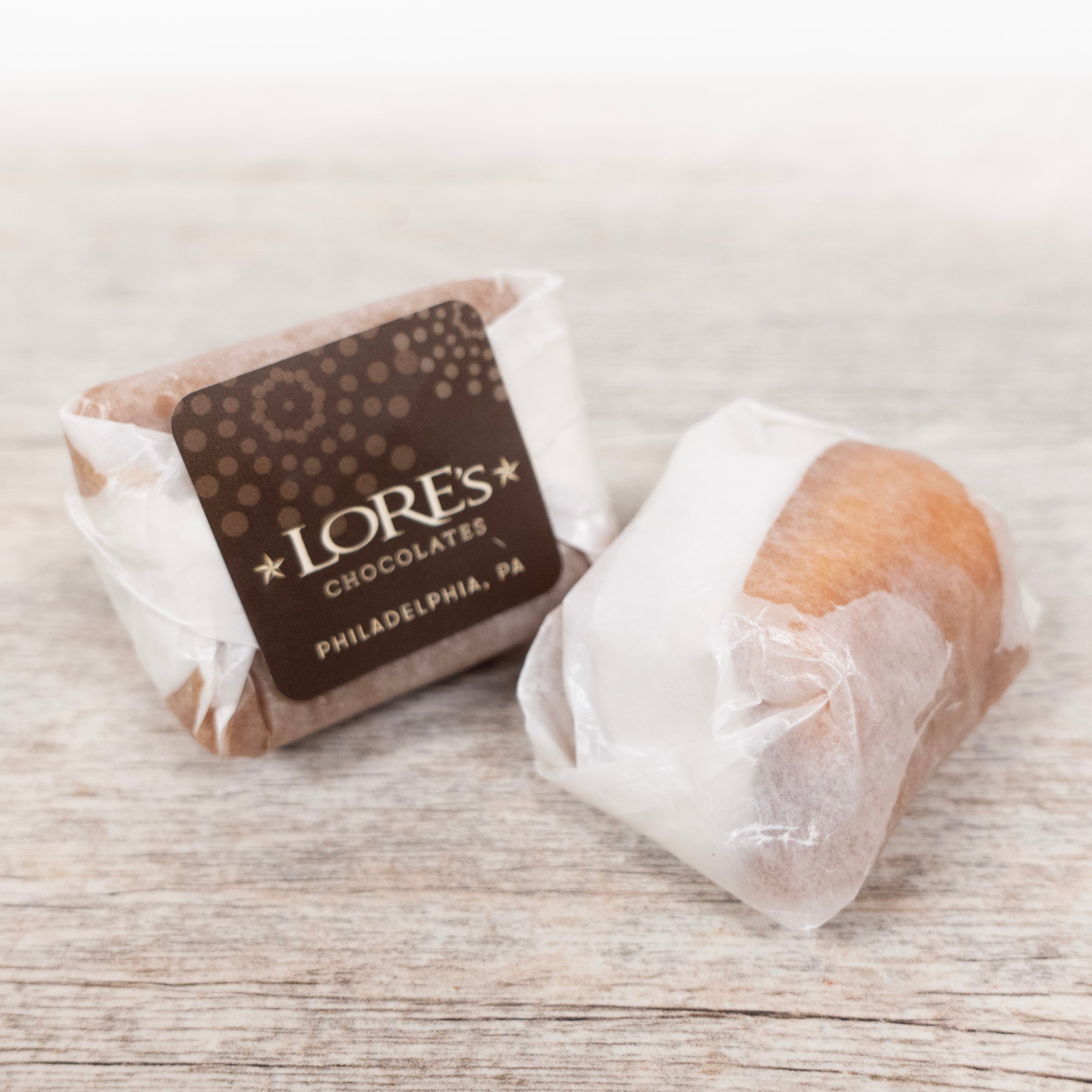Lore's Chocolates of Philadelphia, PA on the wrapper of the handmade caramellos