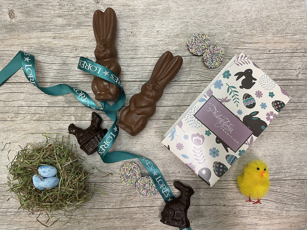 Philadelphia's Best Easter Chococolate and candies, solid chocolate rabbits, chicks, caramel robin eggs, non pareils and delicious filled easter eggs 