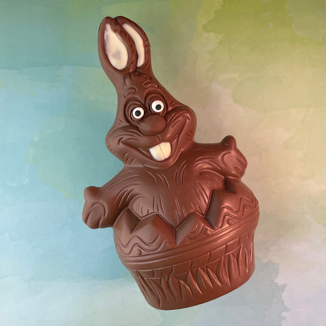 Milk Chocolate Easter Bunny in an egg. About 8 inches tall