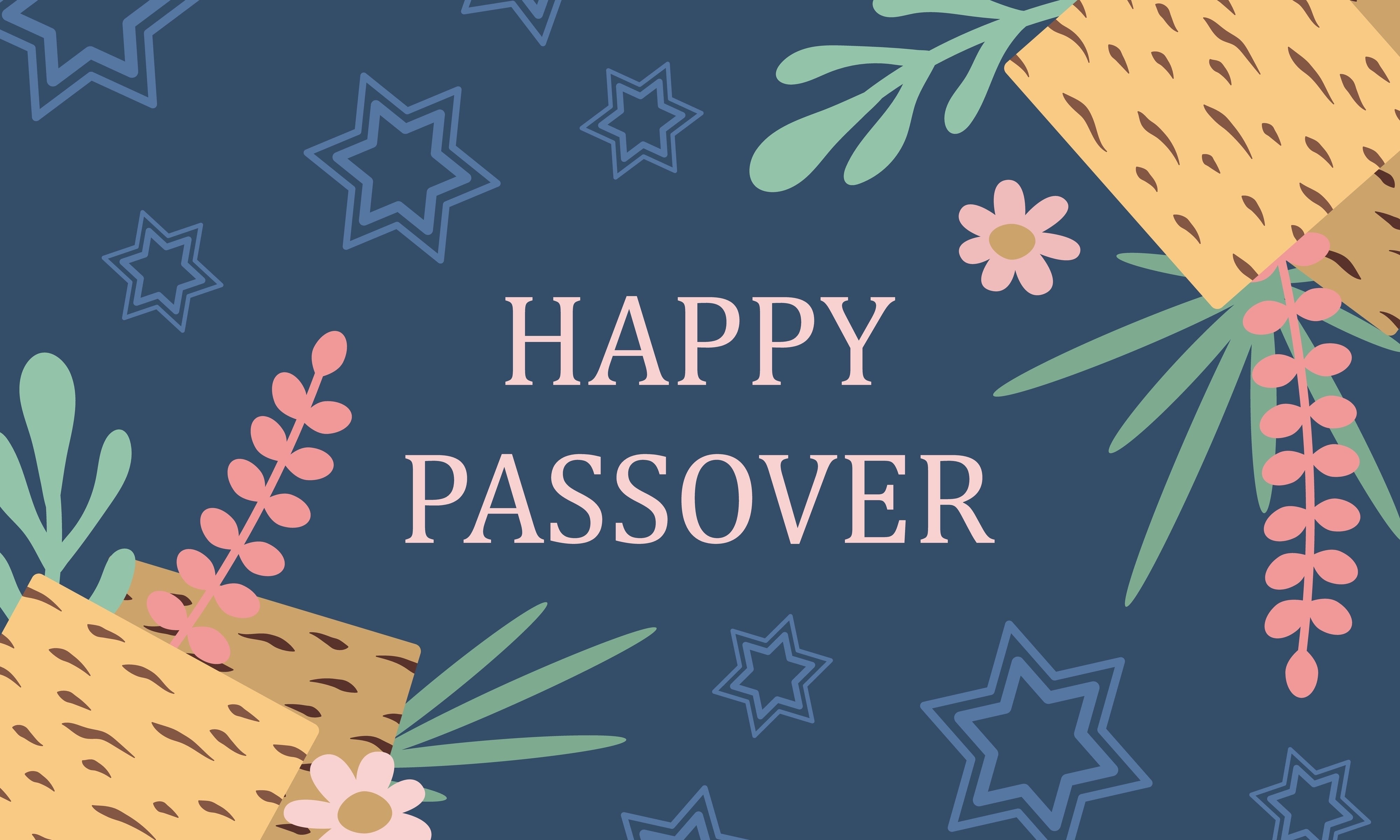 graphic artork reading "happy passover" with decorative star of david's and illustrated matzah