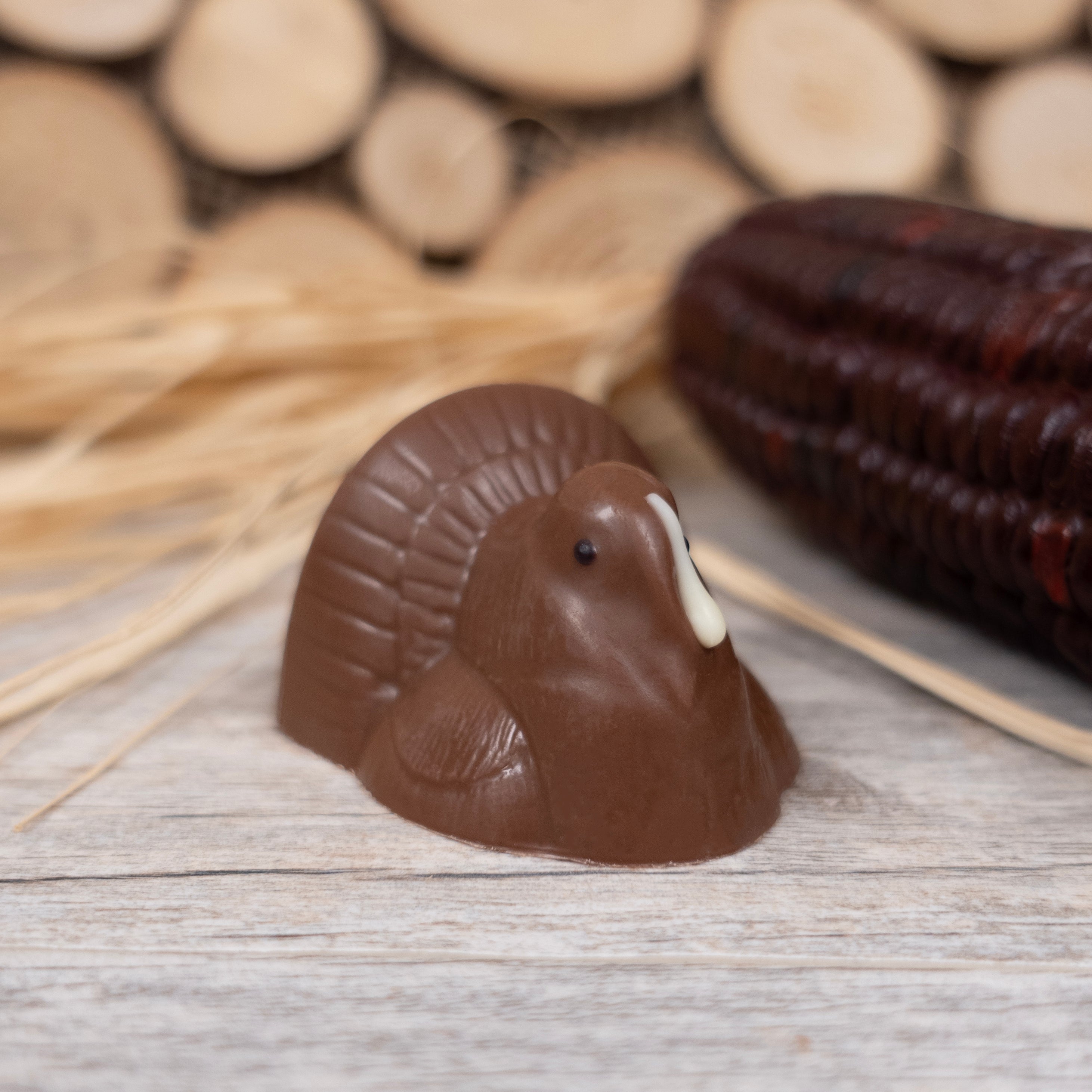 Chocolate turkey figurine on a wooden surface with blurred background