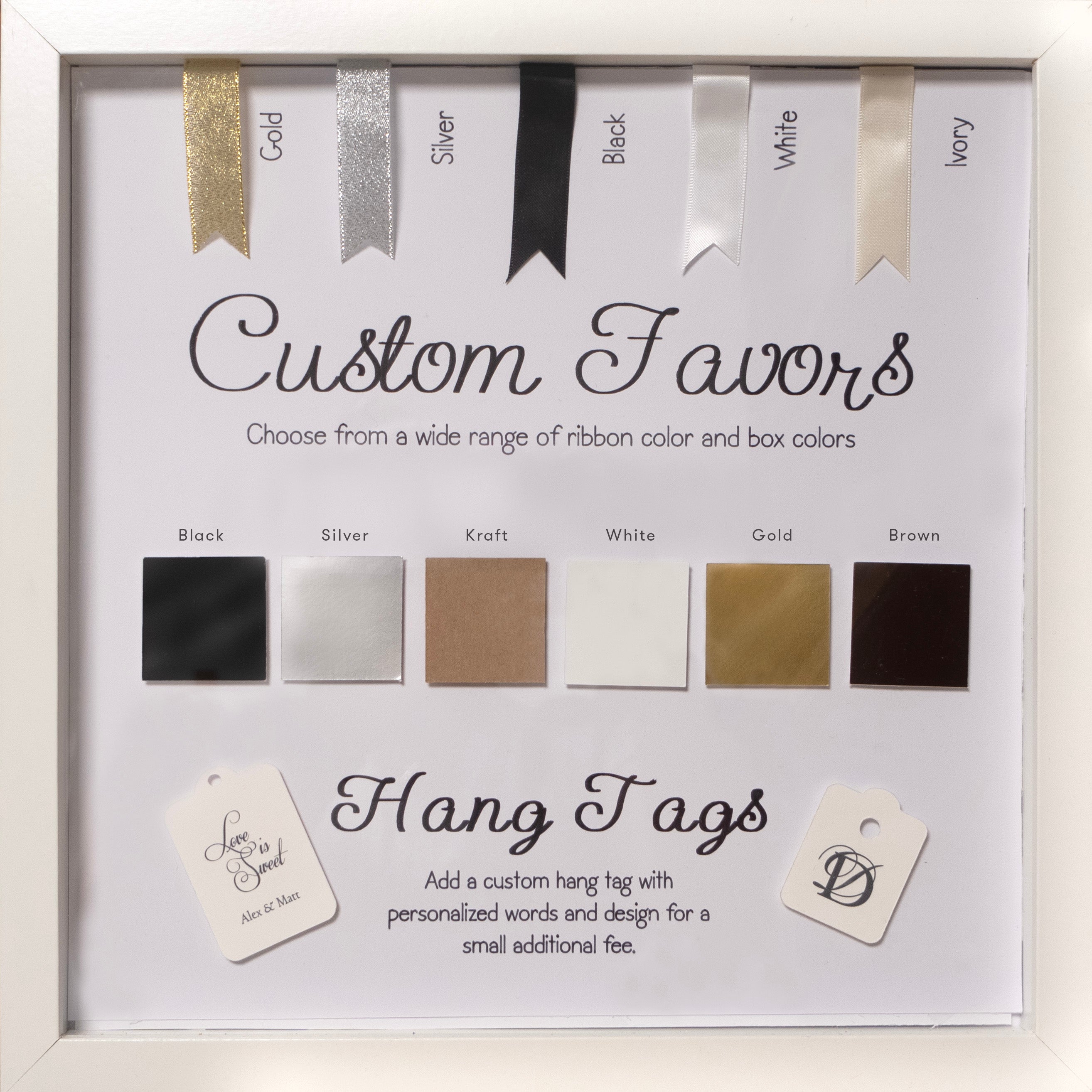 Display of ribbon color swatches and hang tags for custom favors with text on a white background.