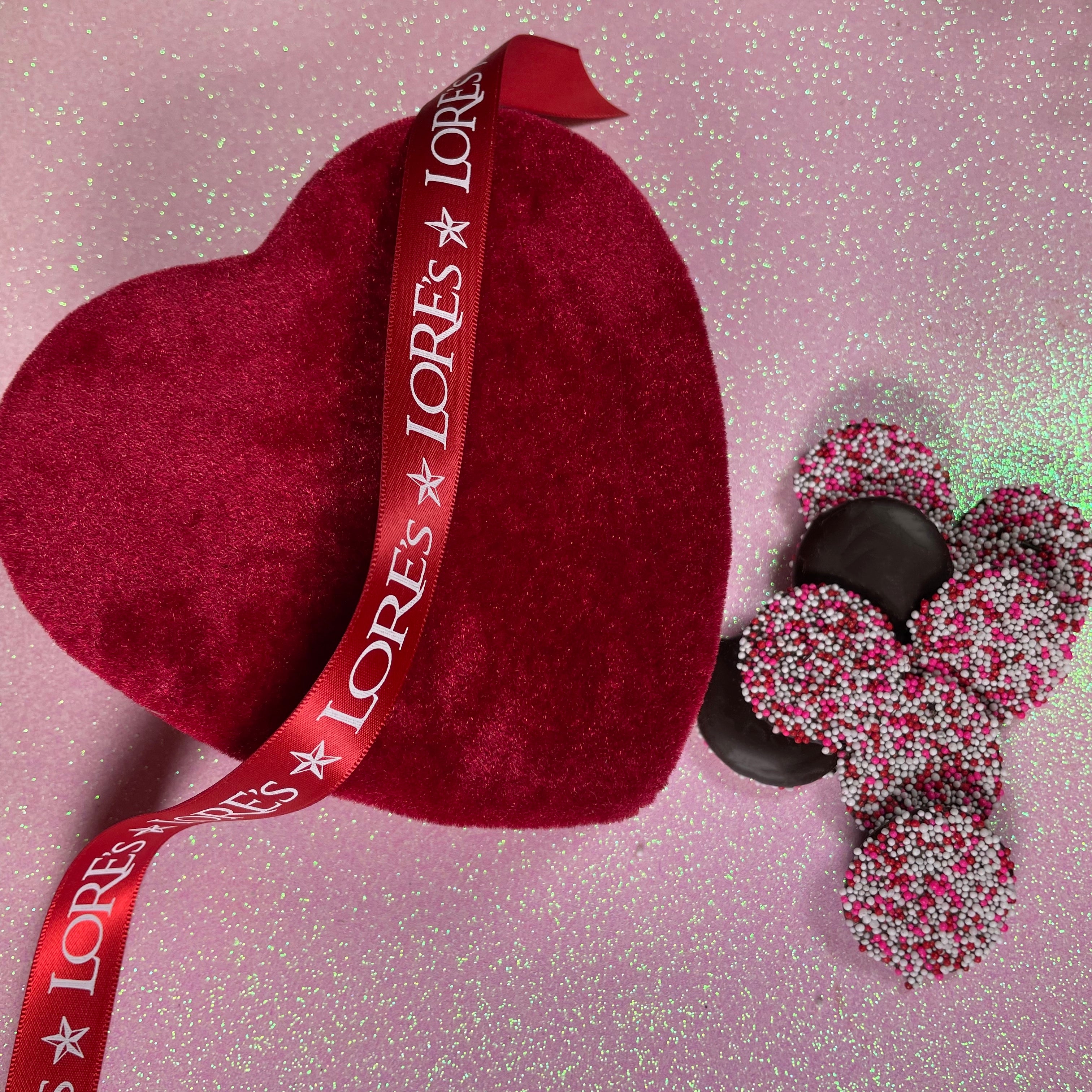 Velvet heart box-dark chocolate non pareils-valentine decorated-pink white red