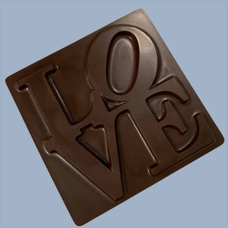 Gourmet dark chocolate LOVE sculpture made in a local philadelphian chocolate factory