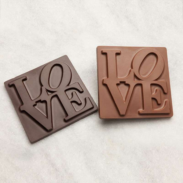 Large Philadelphia LOVE sign square chocolates with flat back, shown in both milk and dark - size 4"x4"