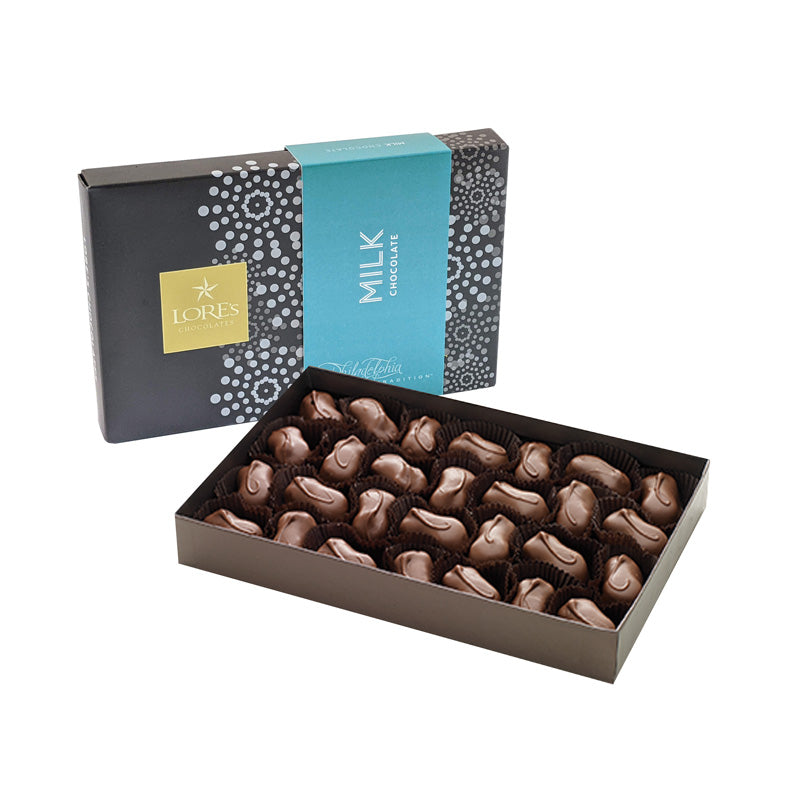 one pound box of milk chocolate peanut butter bites. Lore's Chocolates