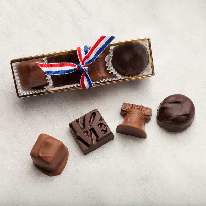Philadelphia Chocolate Sampler bite sized best selling selection of chocolates including caramel-chocolate love statue-chocolate liberty bell-vanilla butter cream-Philadelphia gift