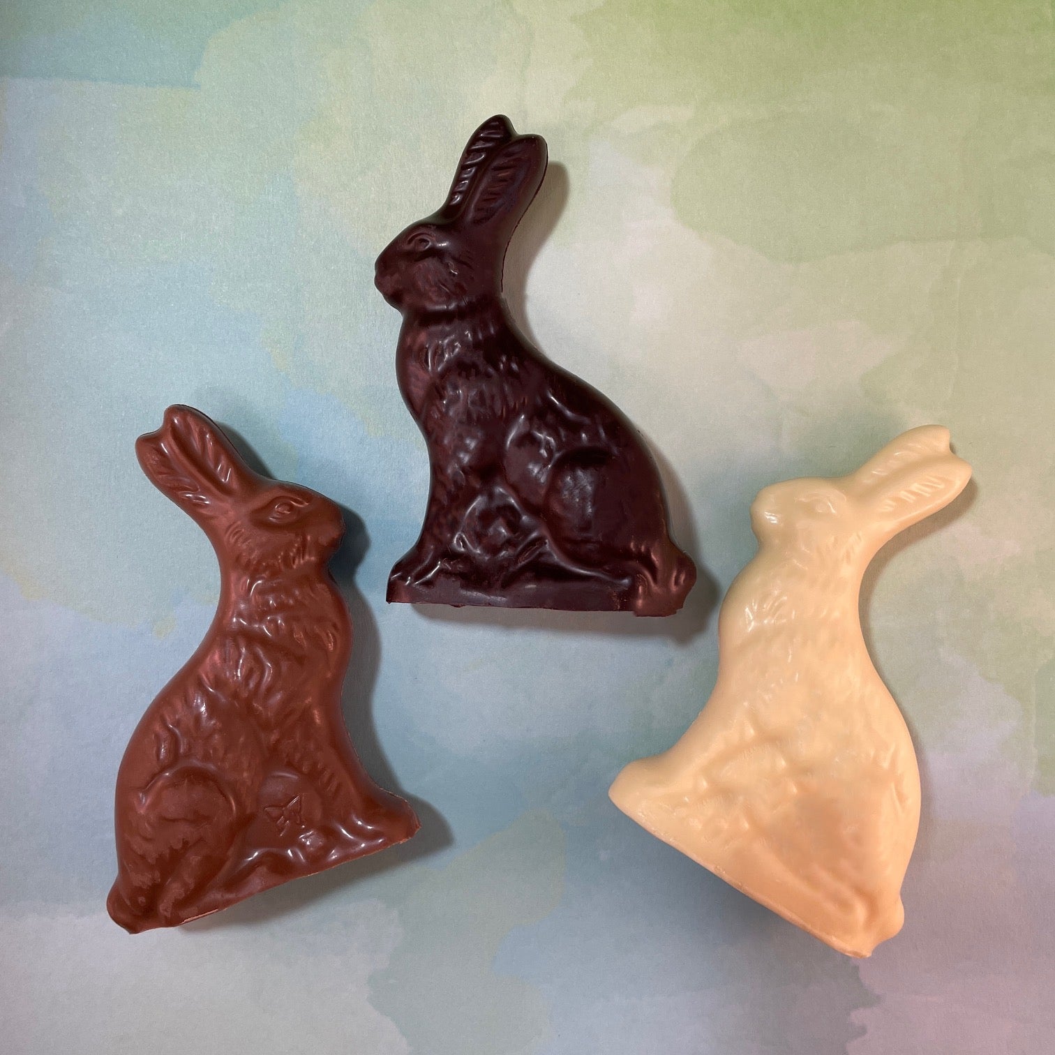 Solid chocolate Easter Bunnies -4 Sizes-milk chocolate-dark chocolate-white chocolate