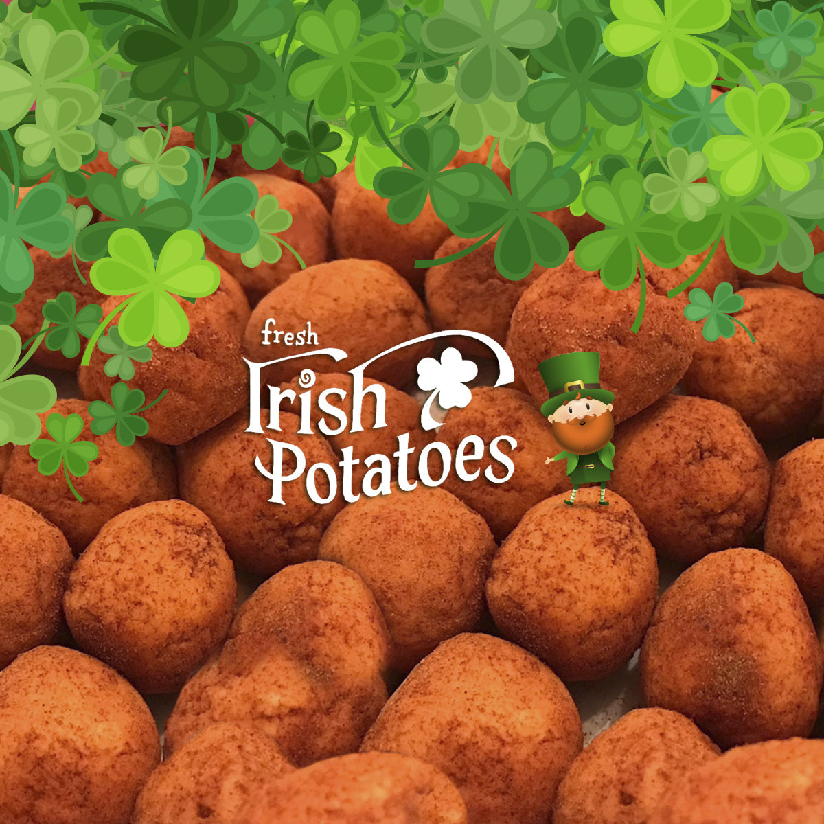 Irish potatoes with clovers and leprechaun for st patrick's day. text reads "fresh irish potatoes"