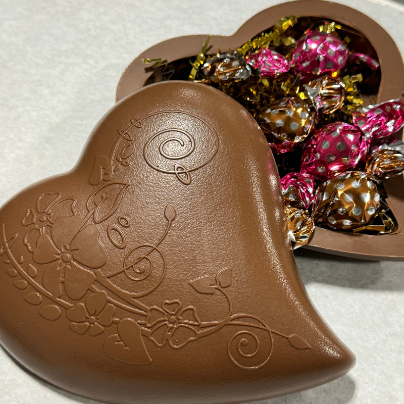 chocolate heart - paisley design -filled with raspberry and caramel truffles-sealed closed- ready to be 'broken into'