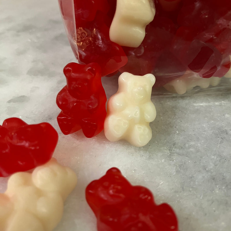 Close up of cherry and strawberry banana gummy bears