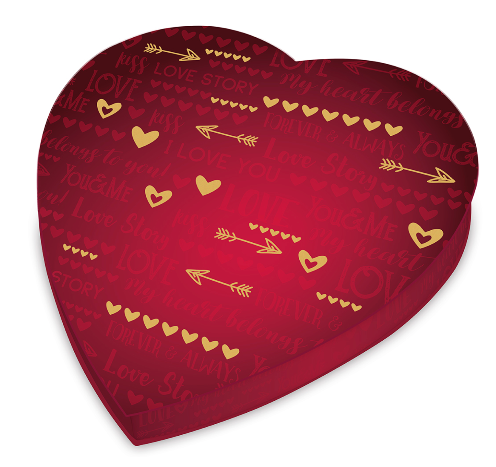 red gradient hear-shaped box for valentines day with subtle messages of love including "forever & always" "love story" "my heart belongs to you" and more with hearts and arrows in a mettalic gold design - filled with assorted chocolates from Lore's Chocolates