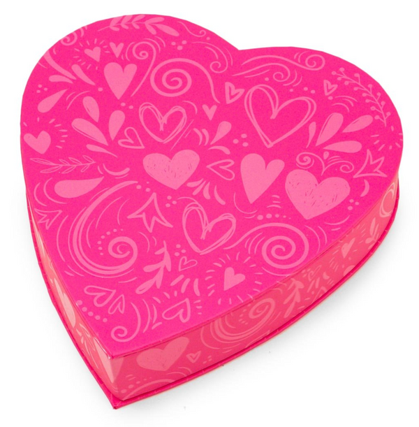 pink heart box decorated with heart and swirl doodles. 