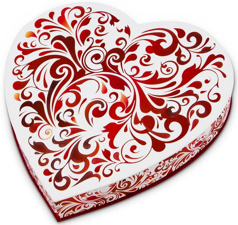 white heart shaped box- decorated with multi tone swirling brush stroke pattern.