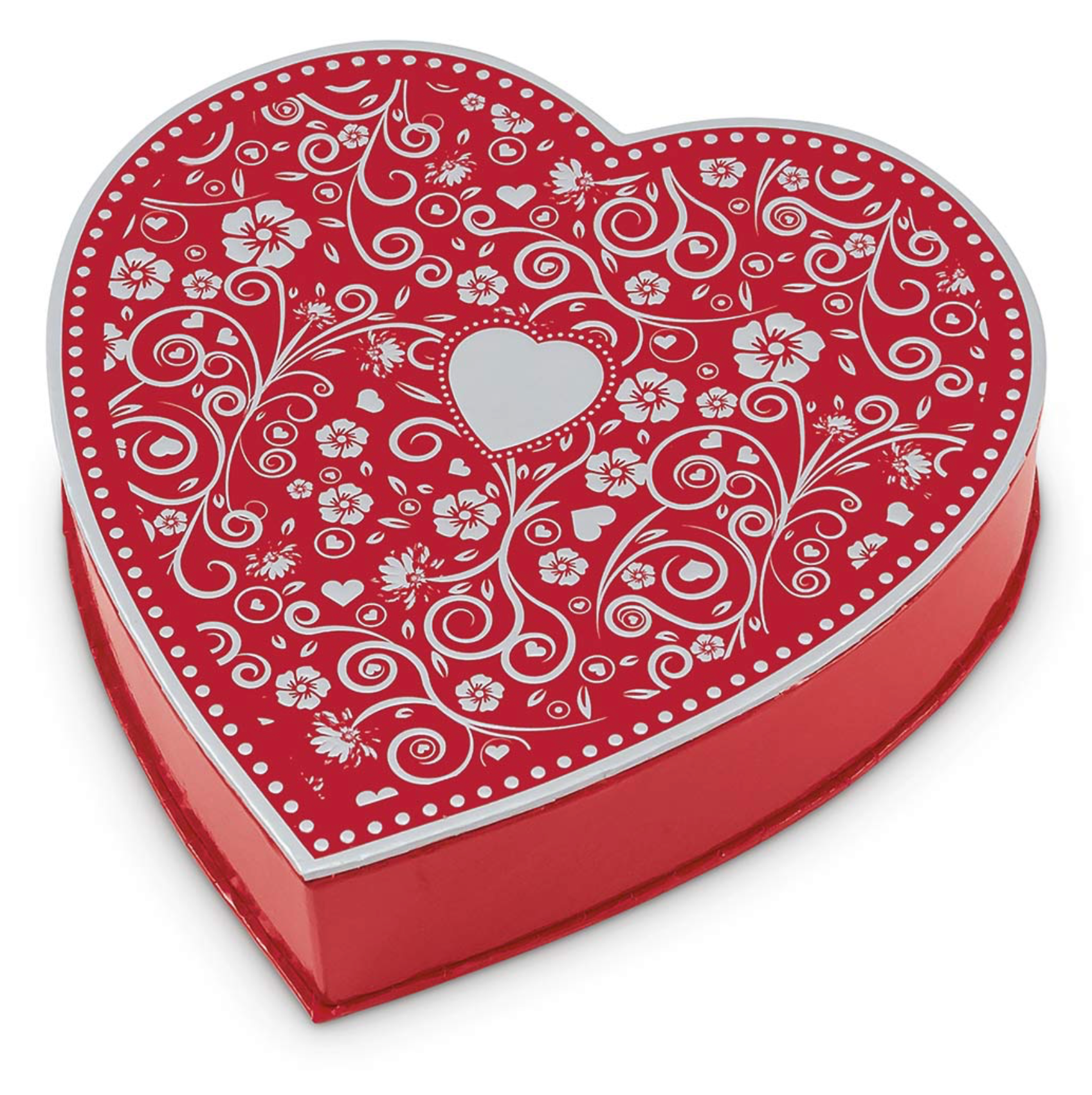 red heart-shaped chocolate box with decorative swirls of hearts and flowers in a silver embossed design