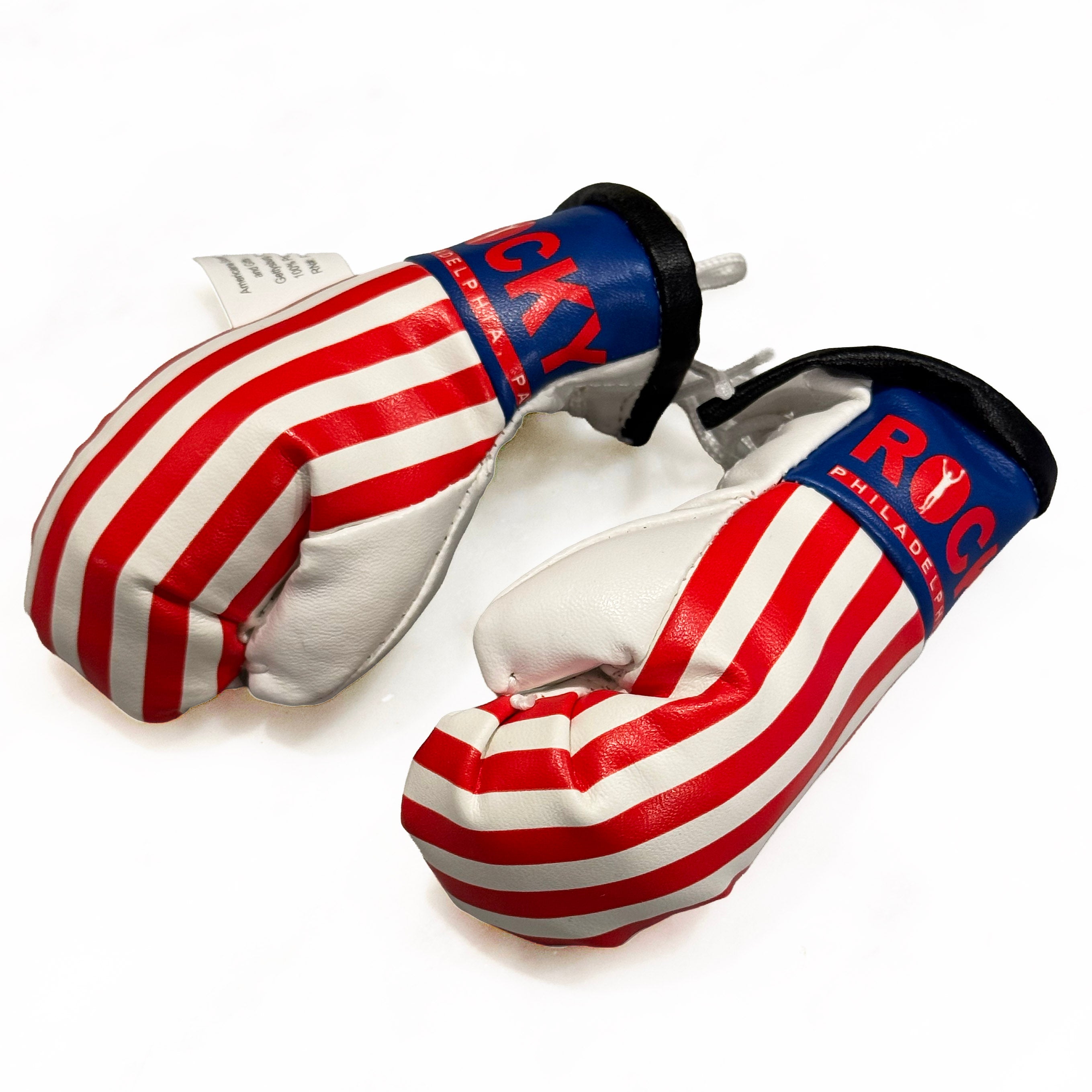 Pair of boxing gloves with American flag design and 'Rocky' Philadelphia branding on a white background