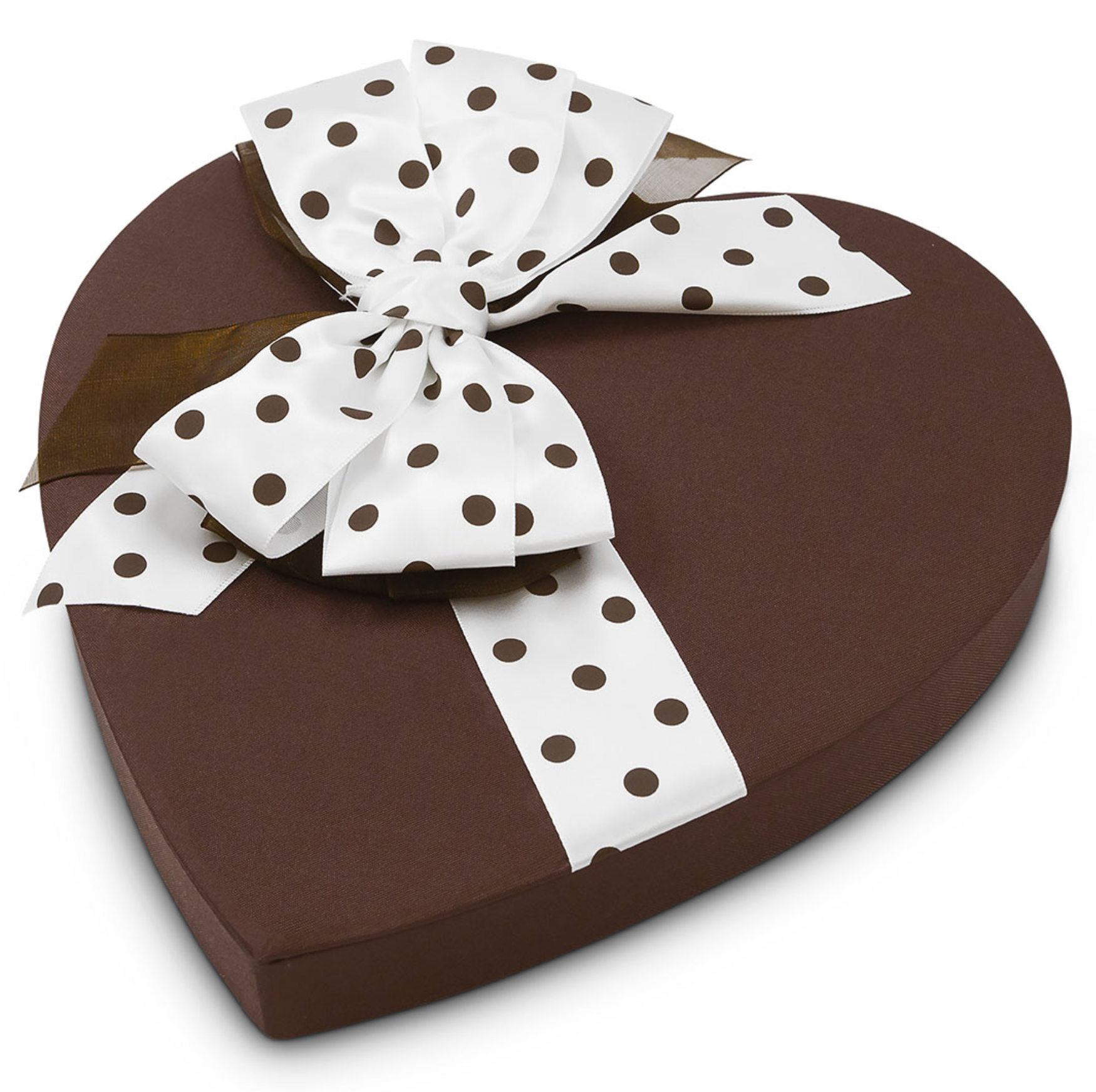 Cocoa brown colored satin heart-shaped box for valentine's day with a white ribbon bow with brown polka dots - filled with Lore's Chocolates assorted milk and dark chocolate