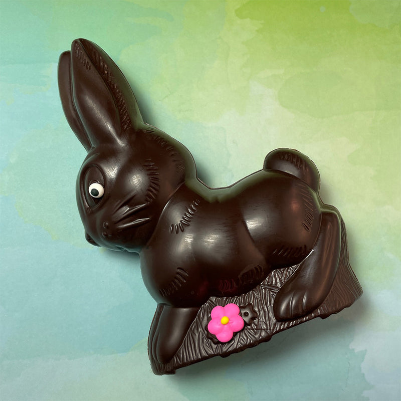 Dark Chocolate bunny-semi solid -decorated with a royal icing flower-semi solid-about  7 1/2 inches tall