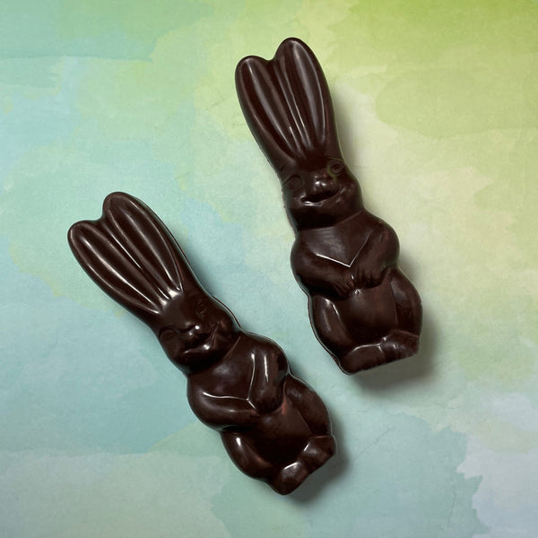 two chocolate bunnies- 2 pack , semi solid chocolate Easter Bunnies. dark chocolate.-About 5 inches tall.