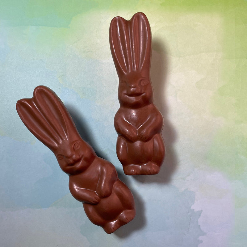 two chocolate bunnies- 2 pack , semi solid chocolate Easter Bunnies. Milk chocolate.-About 5 inches tall.