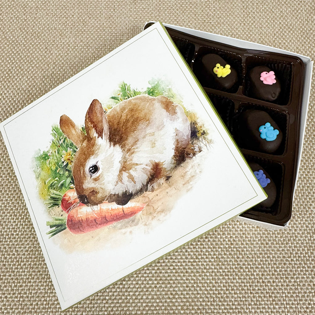 Box of decorated easter chocolates with a rabbit illustration on a textured surface