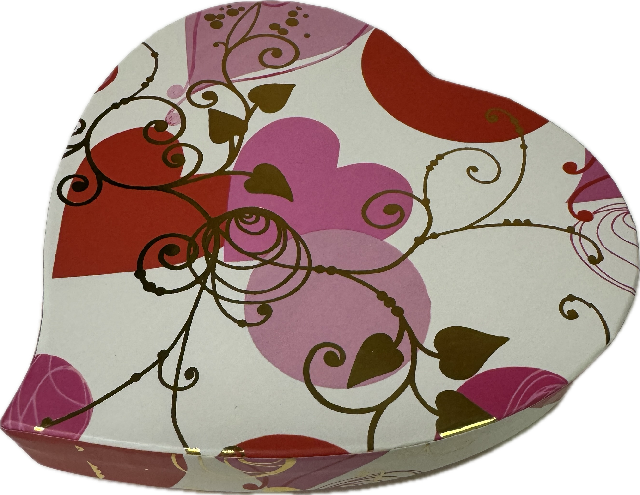Heart shaped box-pink and red heart design-accented with gold tone 