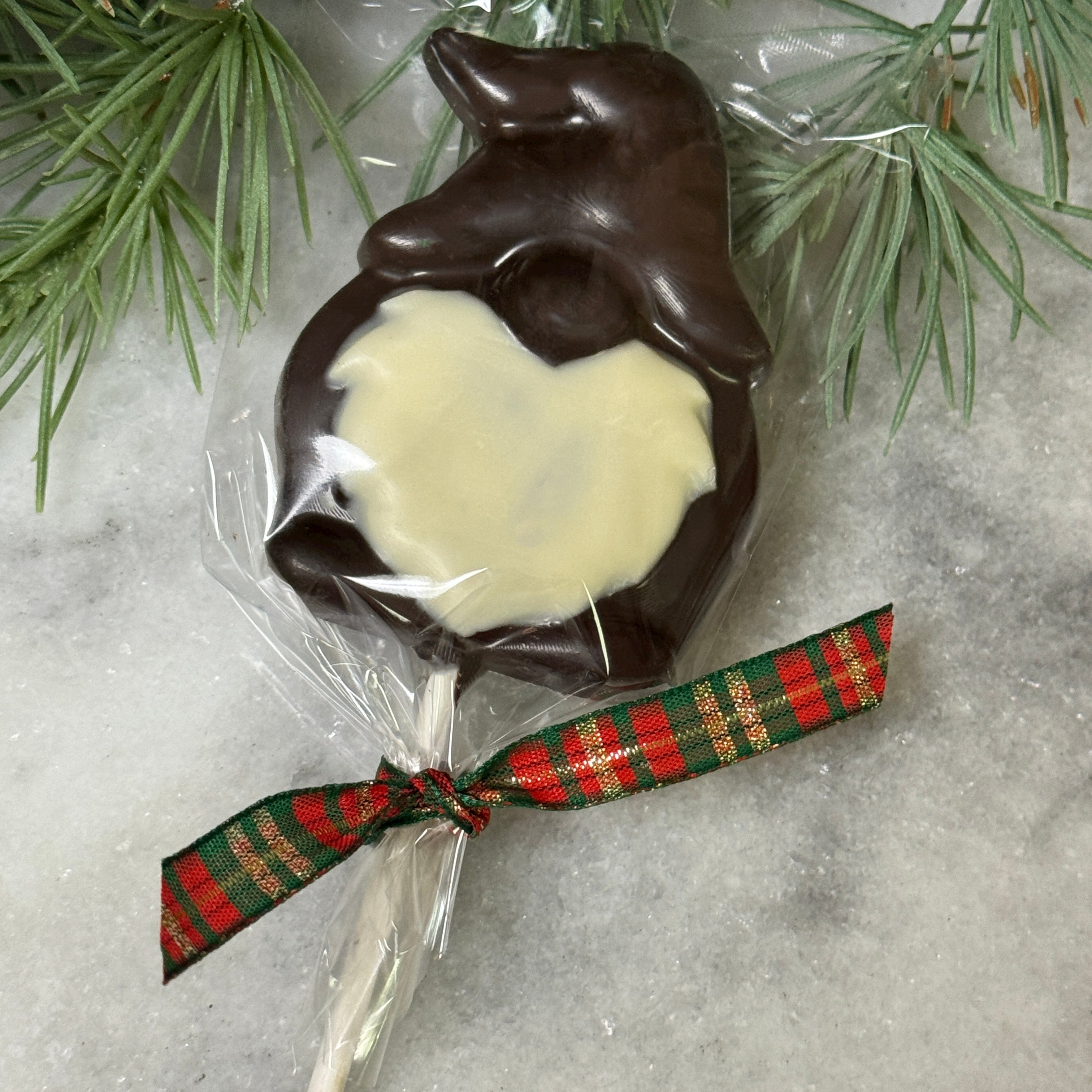 Dark Chocolate Gnome Lollipop witih white chocolate beard