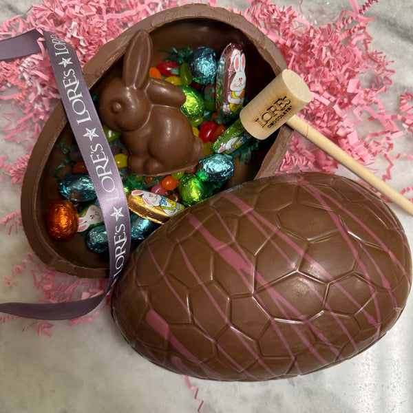 8" milk chocolate hollow Easter 1 pound-Egg filled with chocolates and treats-hammer included
