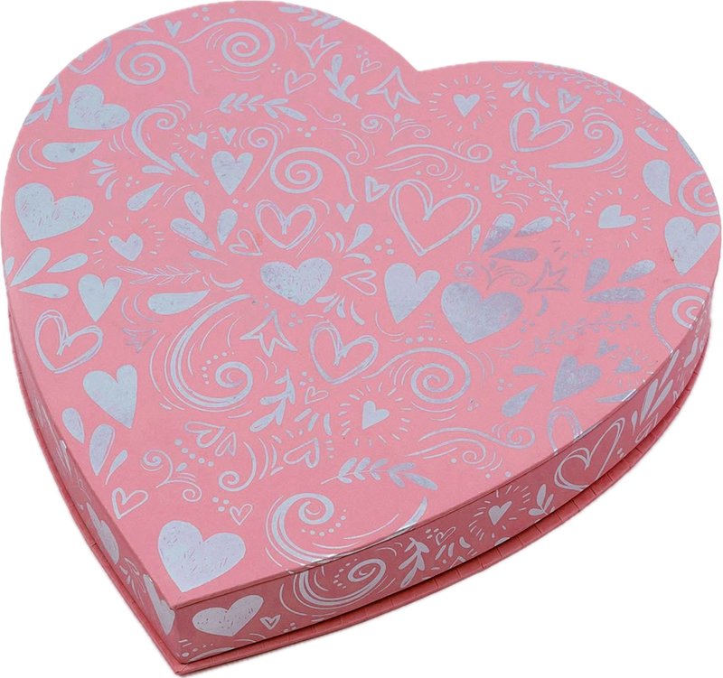 pink valentine box with a silver heart pattern -milk chocolate and dark chocolate assortment inside