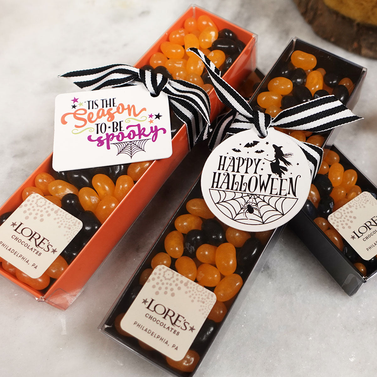 Tis the Season to be Spooky and Happy Halloween gift tags on Jelly Bean Gift Boxes