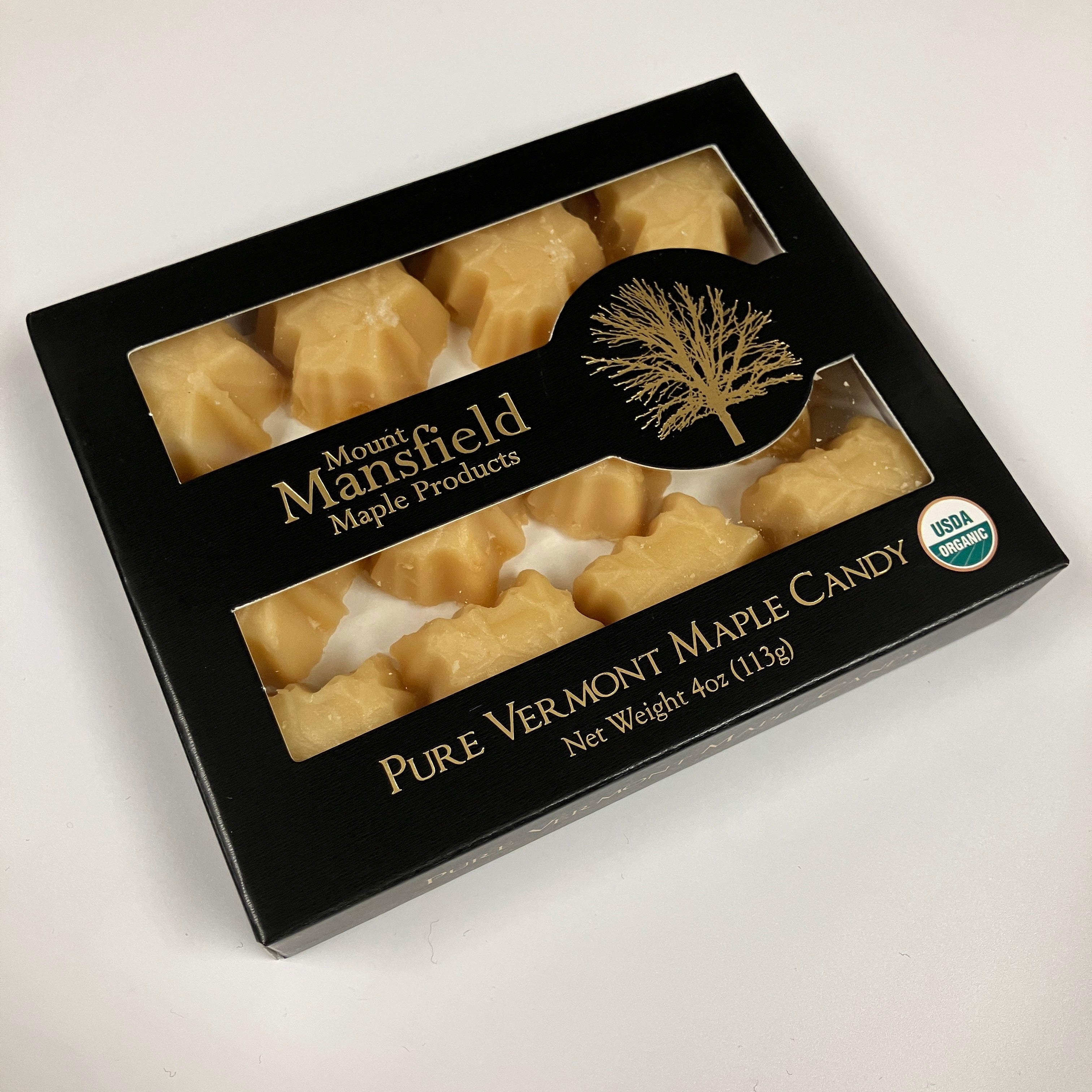 Box of Mount Mansfield Maple Products Pure Vermont Maple Candy on a white background