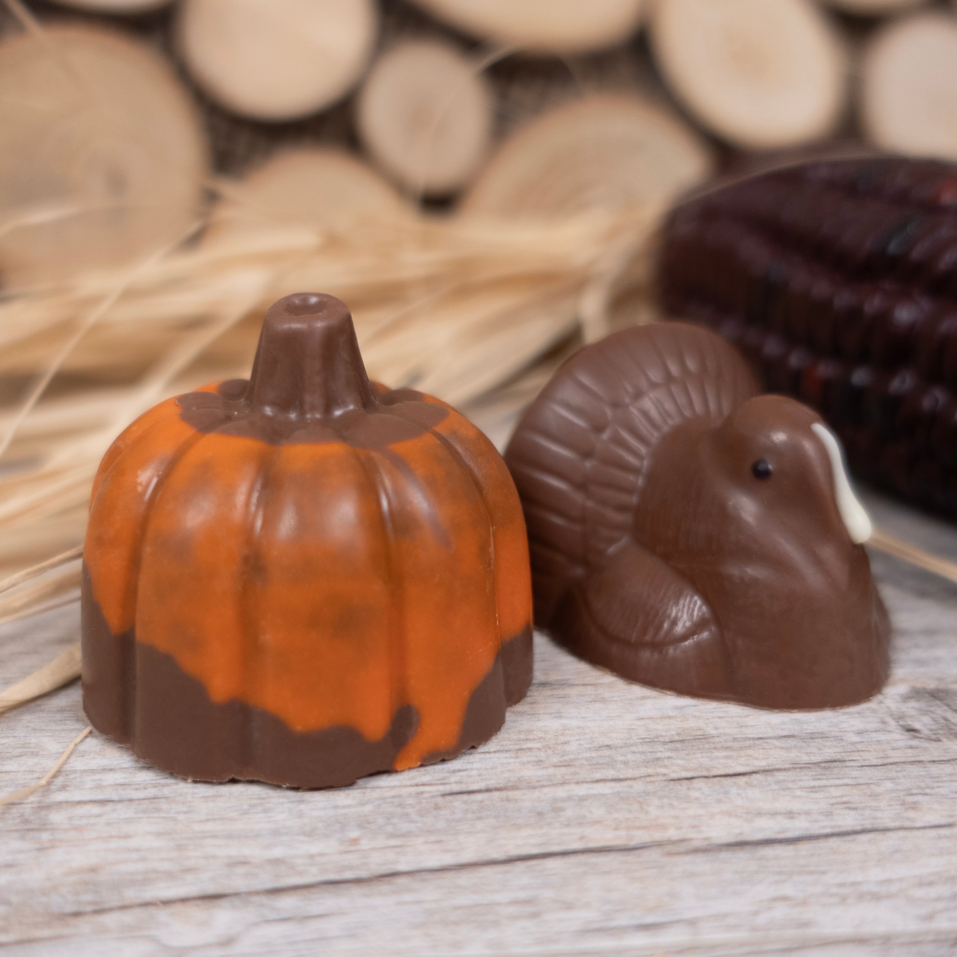 Chocolate pumpkin and turkey on a wooden surface with a rustic background