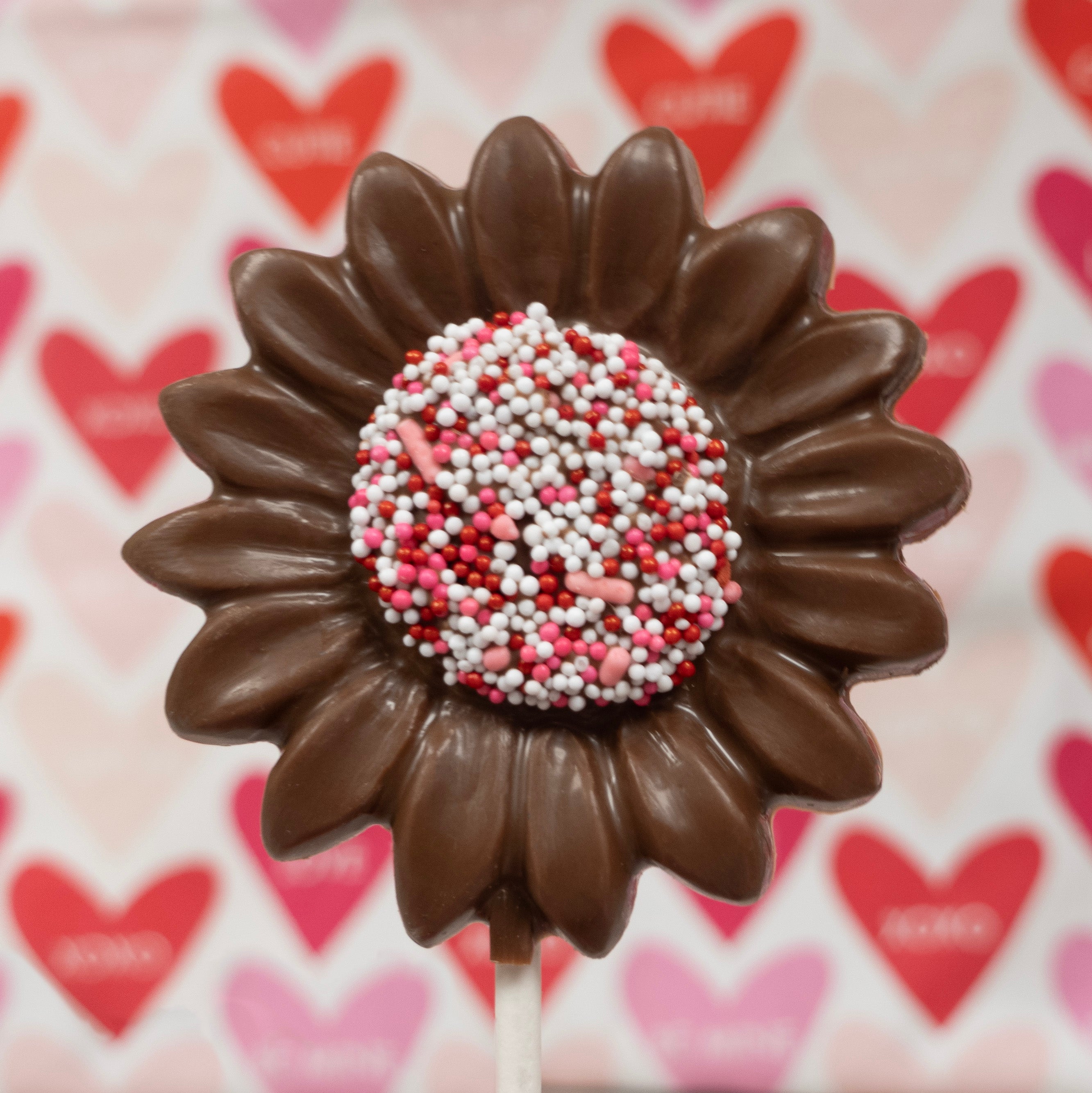 close p of Lore's sunflower shaped chocolate lollipop, center is white, pink, and red nonpareil seeds.