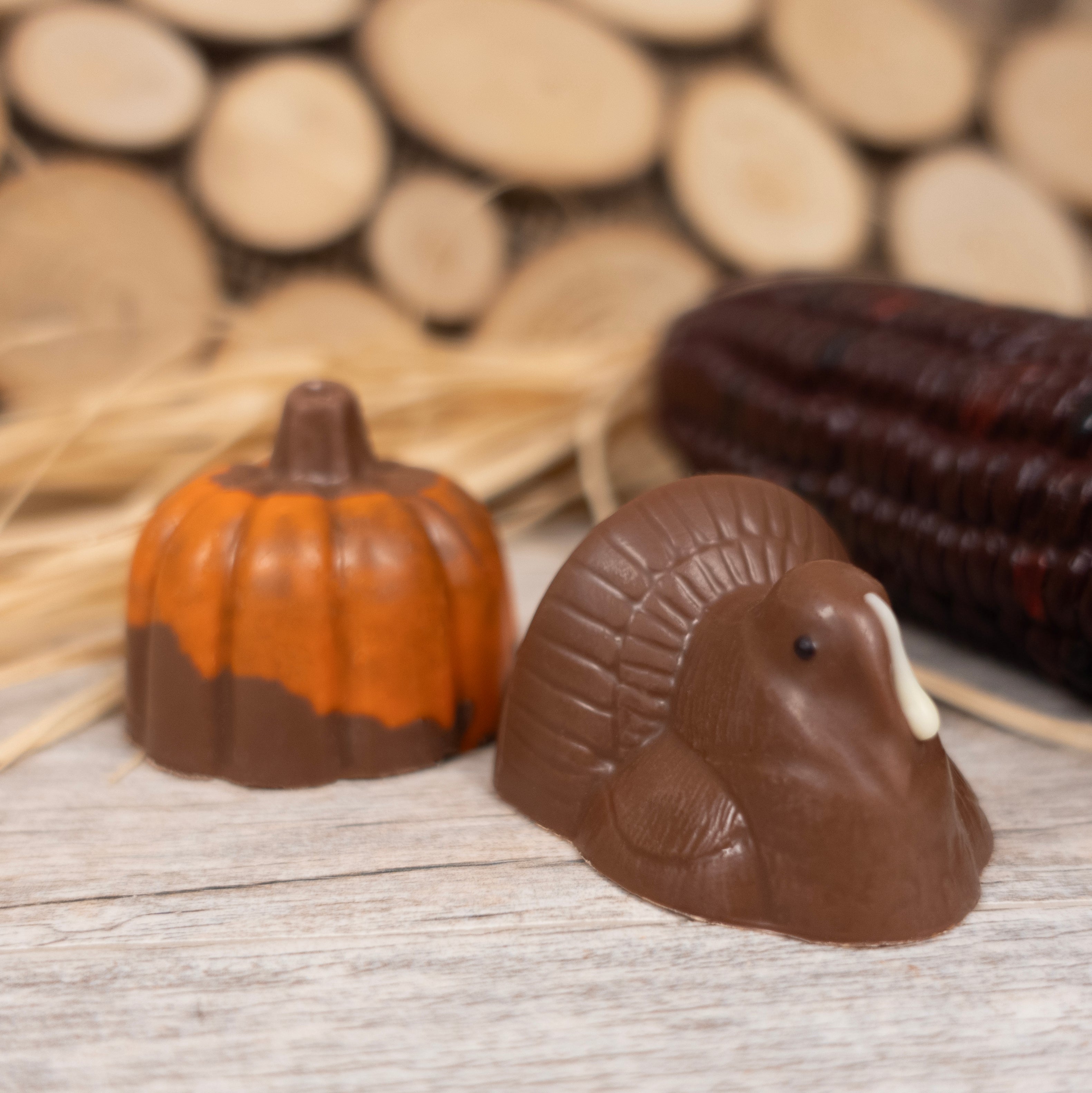 Chocolate turkey and pumpkin on a wooden surface with a rustic background.