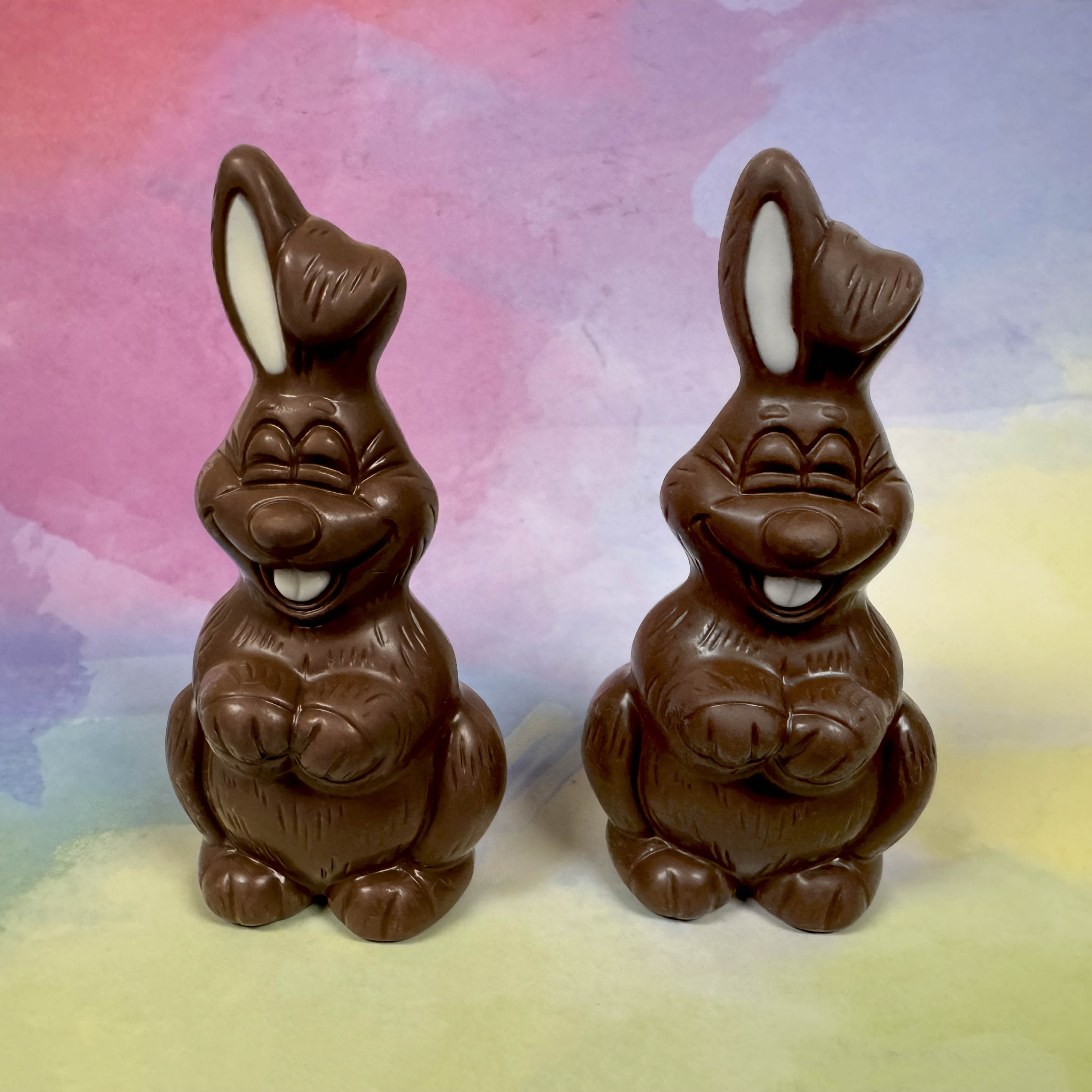 Two chocolate bunnies on a colorful background