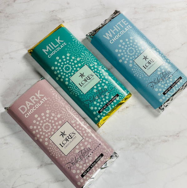 Lore's Chocolates specilly blended milk chocolate-dark chocolate -white chocolate-solid bars-large enough to share