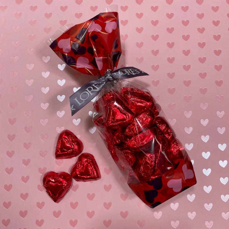 milk chocolate hearts wrapped in red foil-valentine gift bag-lores ribbon bow
