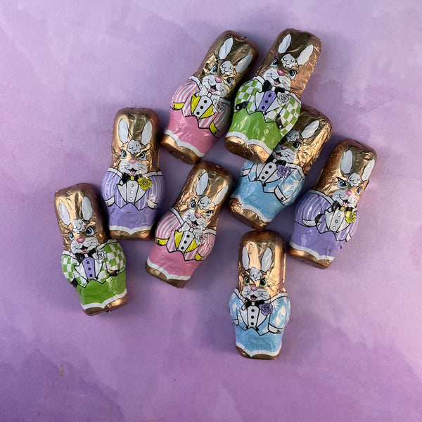 Solid dark chocolate -foil wrapped-easter bunnies-packaged in a organza bag