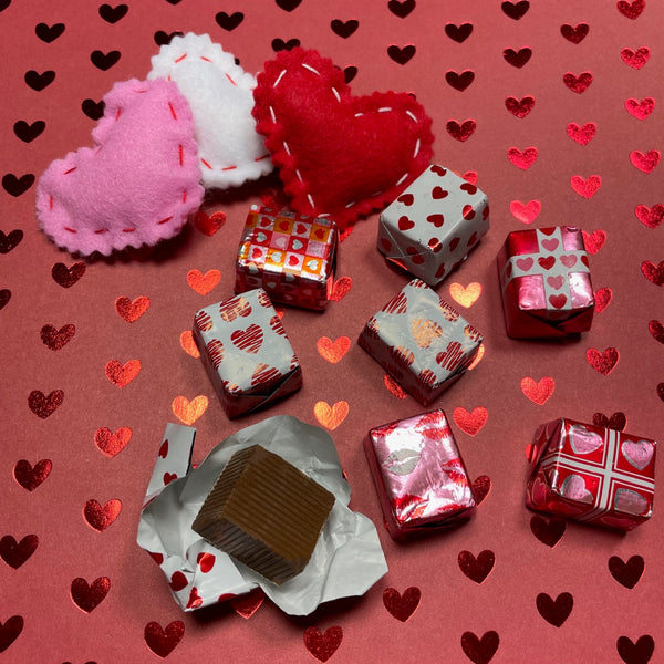 milk chocolate chunks - wrapped in valentine decorated foil-organza bag