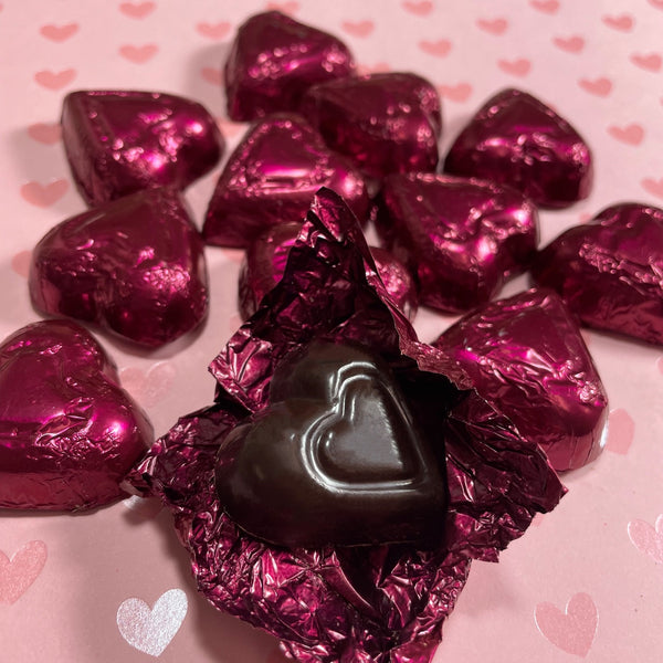 72% dark chocolate hearts- burgundy foil wrapped-creamy -delicious -bagged and bowed