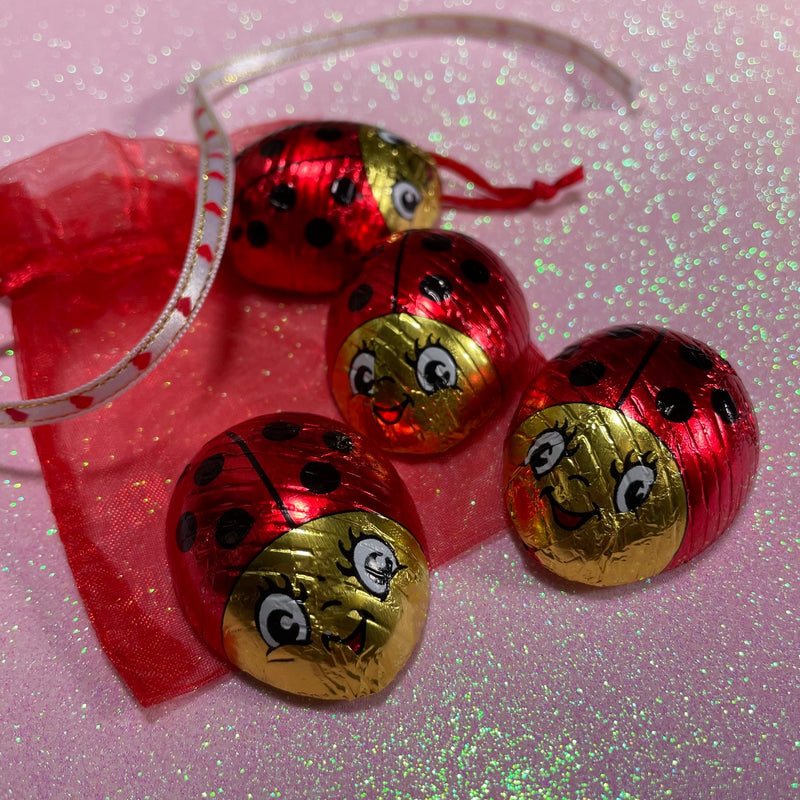 solid milk chocolate- foiled as a lady bug-packaged in a red organza bag