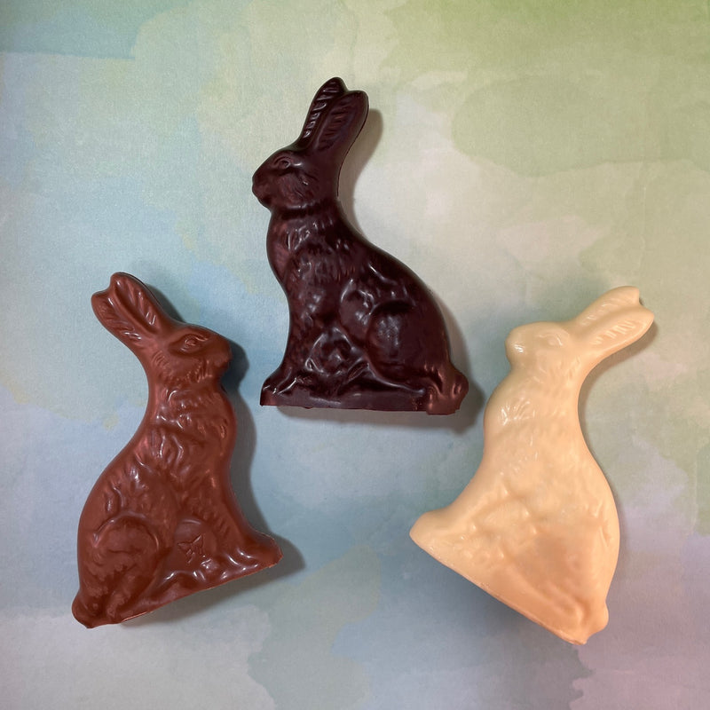 Solid chocolate Easter Bunnies -4 Sizes-milk chocolate-dark chocolate-white chocolate