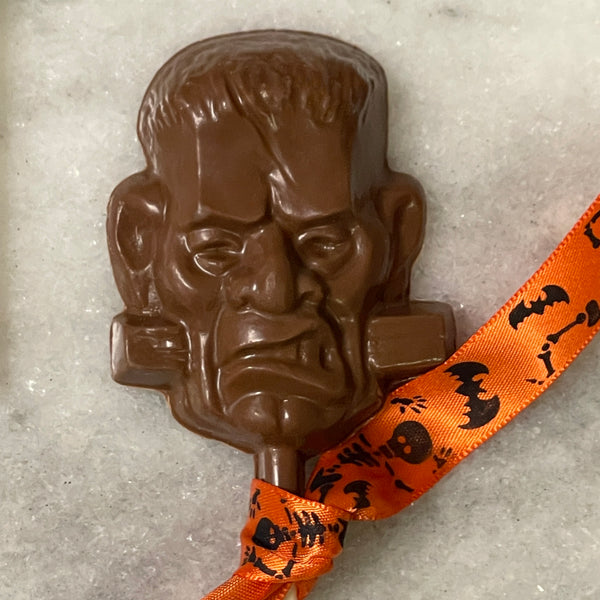 Milk Chocolate halloween lollipop in the shape of Frankenstein's monster