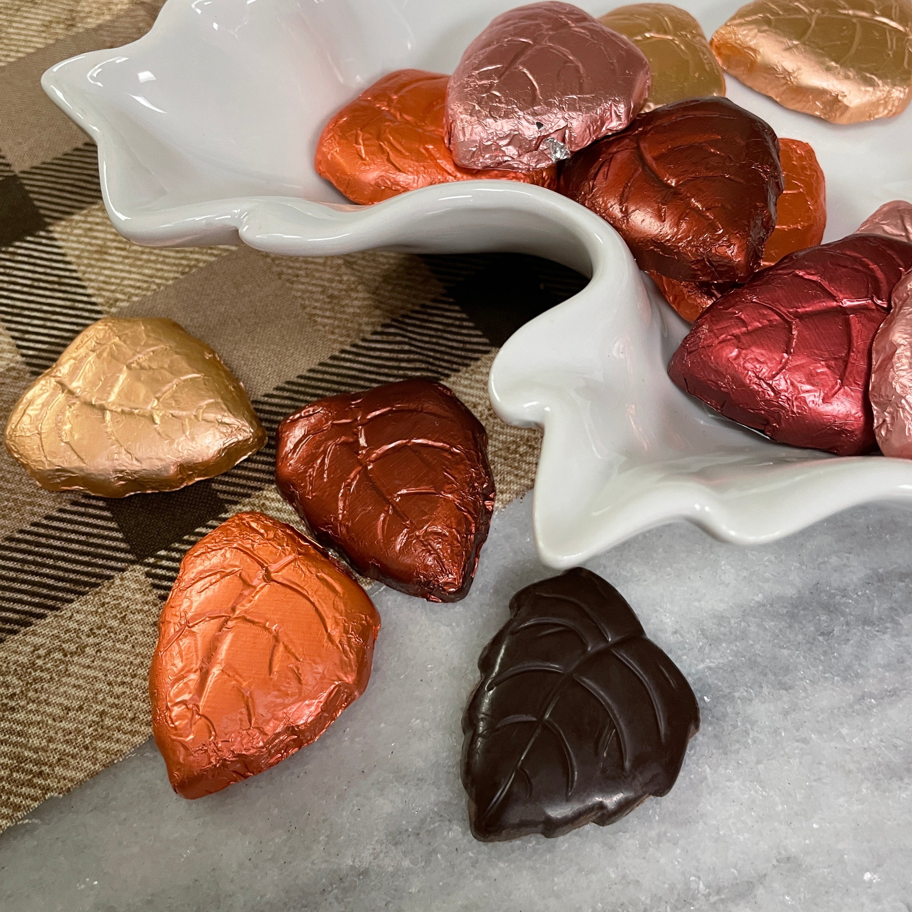 Solid Dark Chocolate Shaped Leaves - foiled in gold, orange, brown, red, and pink